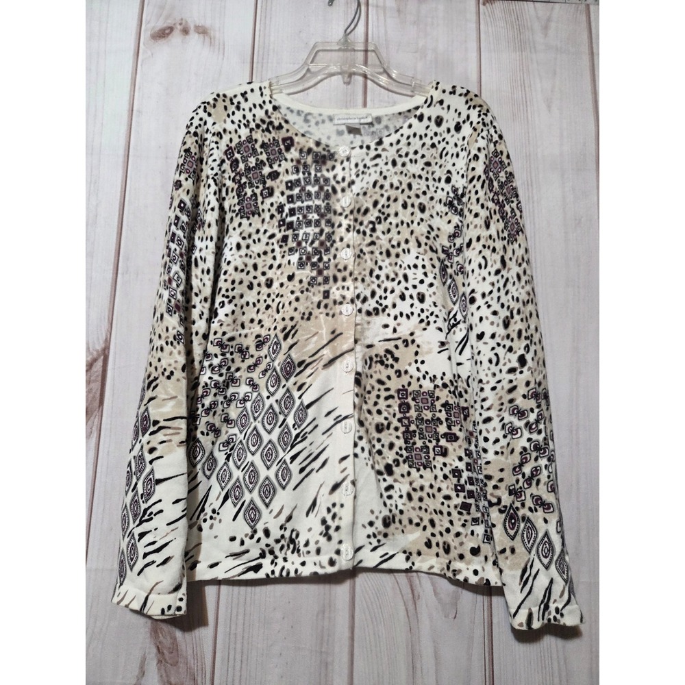 Christopher & Banks Womens Large Animal Geometric Print Cotton Cardigan Sweater
